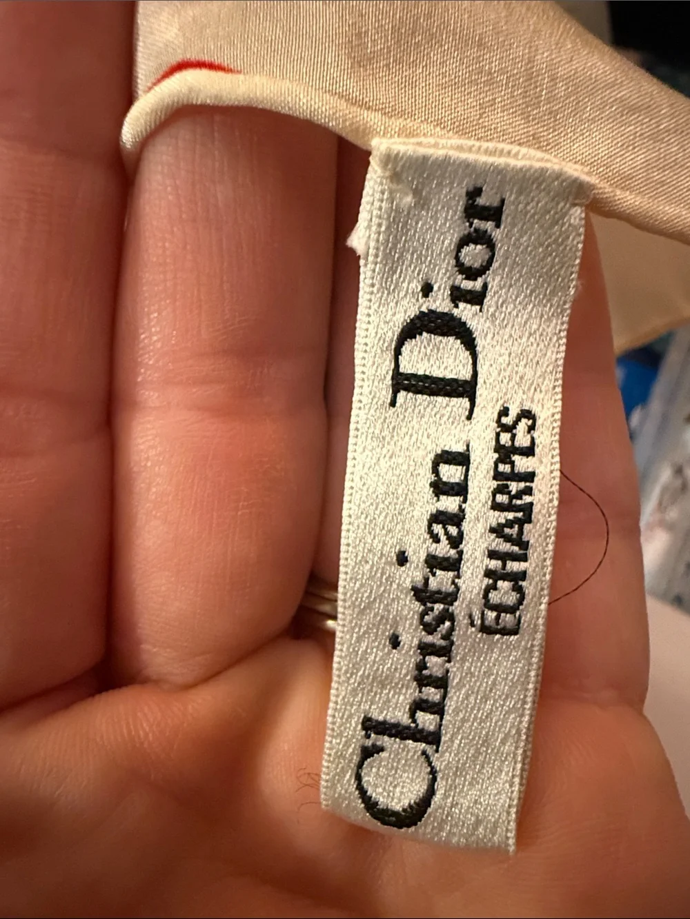 Vintage Christian Dior Logo Scarf in Ivory, cream Blue & Red